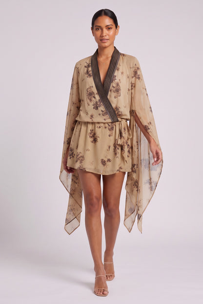 beige chiffon wrap-front blouson with draped cape sleeves mini dress beige, tan chiffon mini dress - product view 4