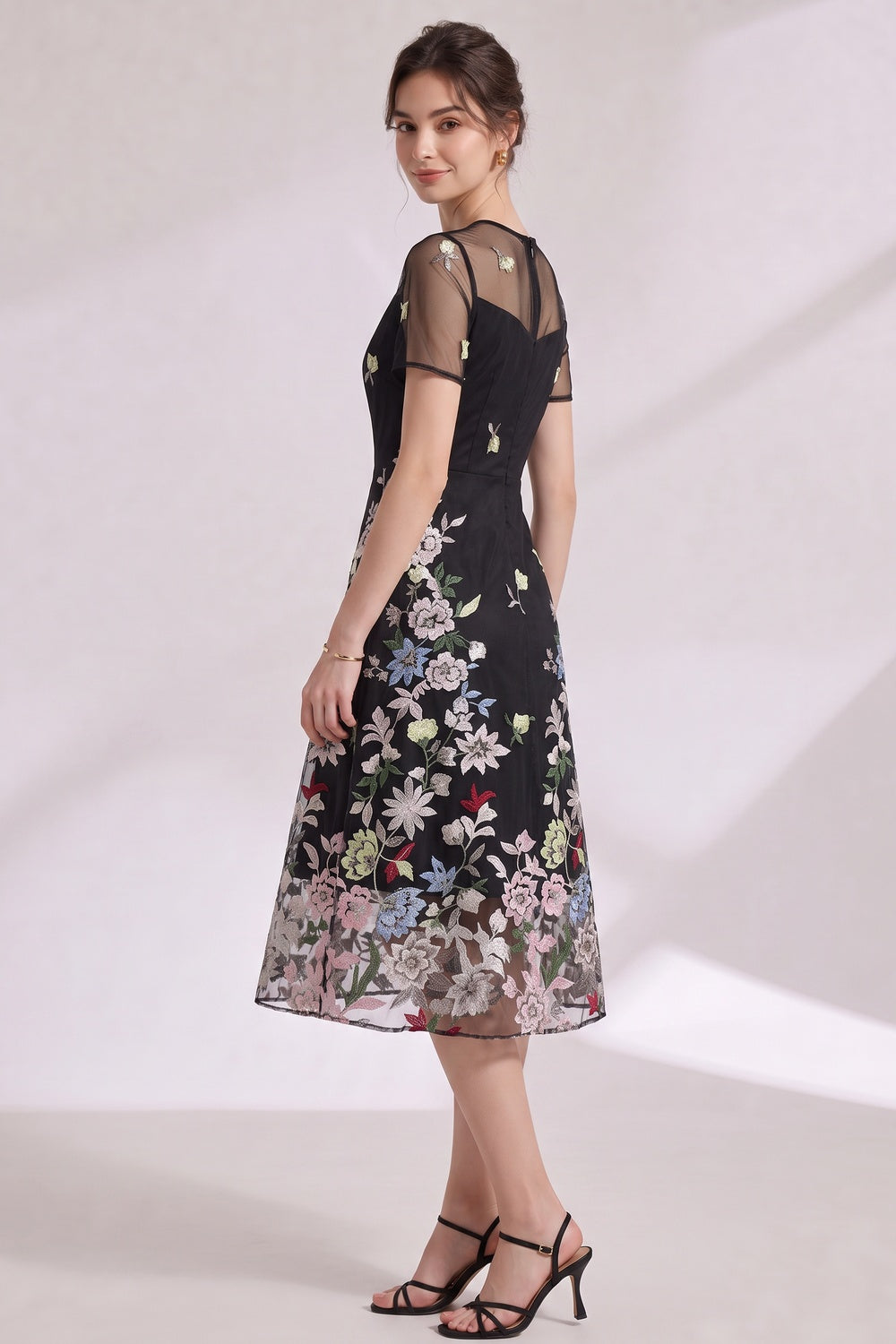Black Floral Embroidery A-Line Midi Dress with Sheer Mesh Overlay black sheer mesh overlay dress - product view 4