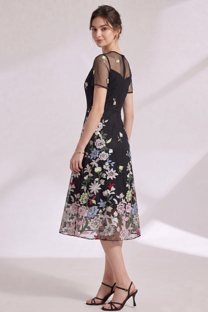 Black Floral Embroidery A-Line Midi Dress with Sheer Mesh Overlay black sheer mesh overlay dress - product view 4