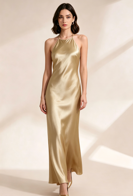 gold satin column evening gown