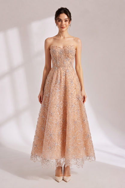 Nude Beaded Strapless Maxi Dress Premium Fabric - product view 4