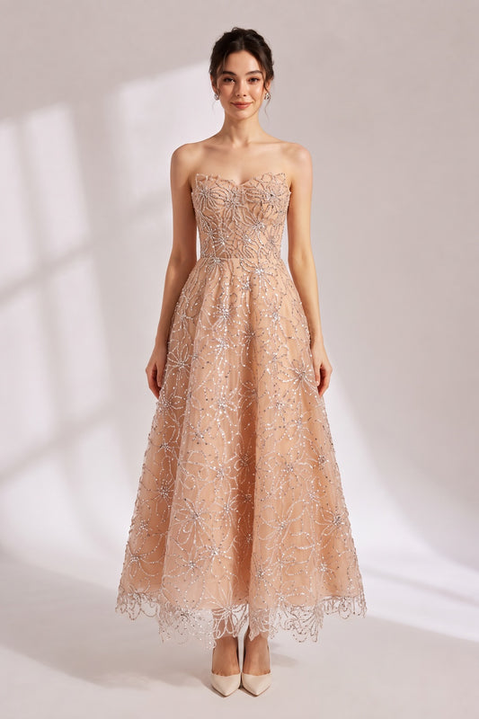 Nude Beaded Strapless Maxi Dress Premium Fabric - product view 4