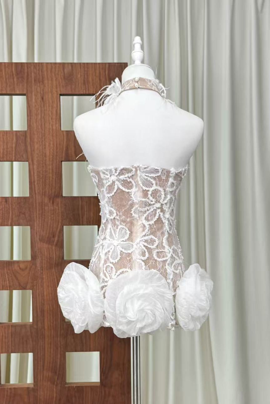 white floral lace fitted sheath with sculptural hem dress
