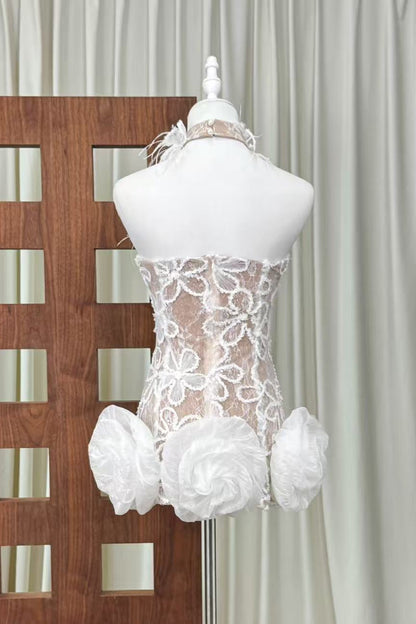 white floral lace fitted sheath with sculptural hem dress