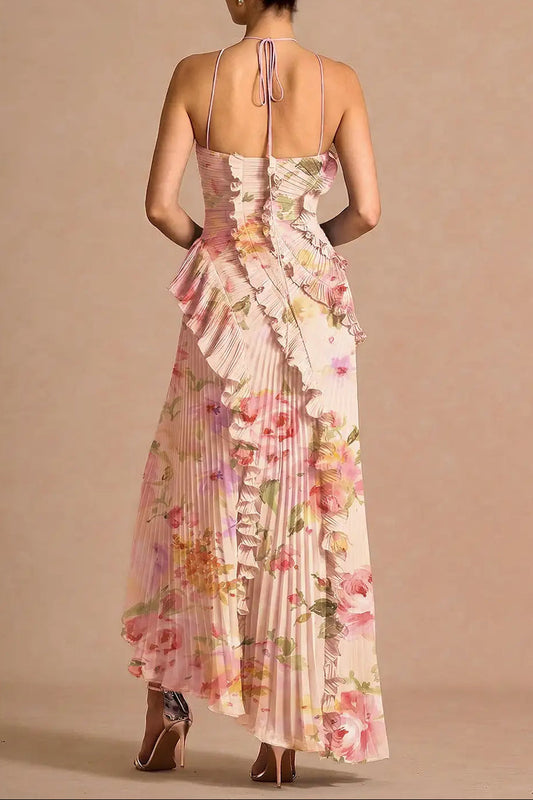 marcia Bouquet Floral  ruffle trim pleated Maxi Dress