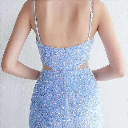 MARIAN BLUE CUTOUT SEQUINS HALTER MAXI DRESS