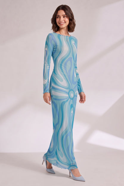 Blue Abstract Wave Maxi Dress with Scalloped Details Premium Fabric - product view 5