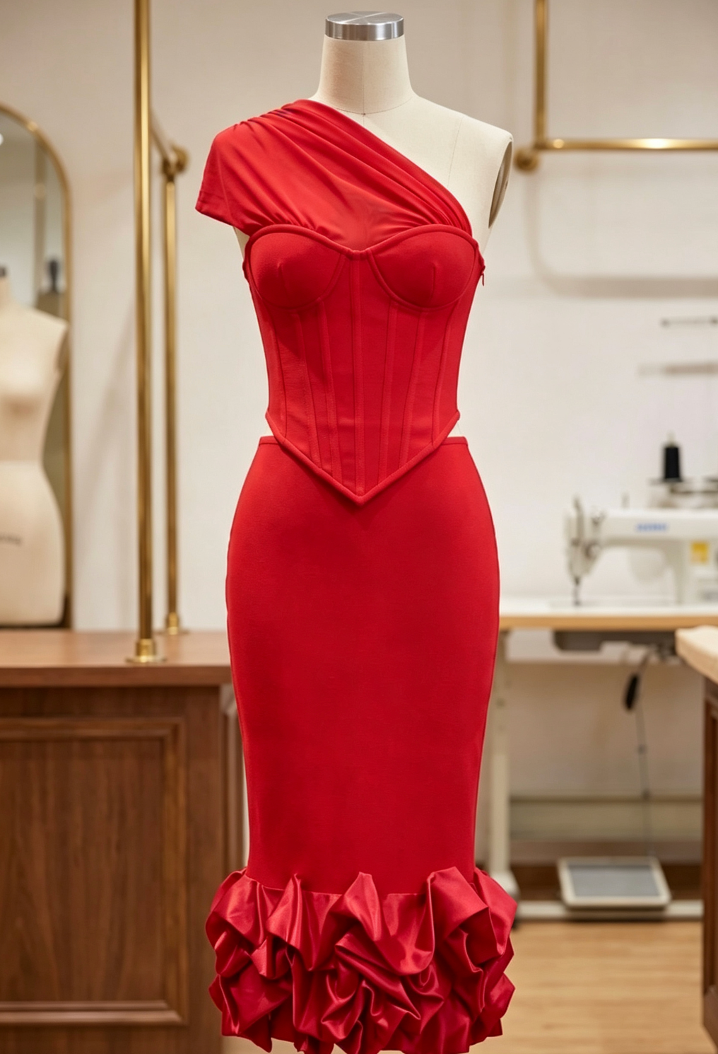 Red Heavy Stretch Crepe Two-Piece Set with Asymmetrical One-Shoulder Corset Top and Ruffled Midi Skirt