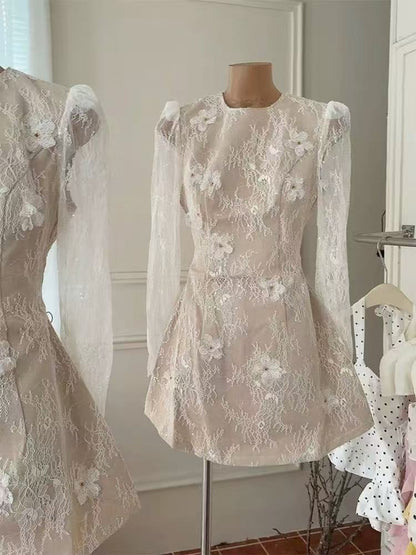AMY Sheer Lace Long-Sleeve Floral Applique Mini Dress IN BEIGE