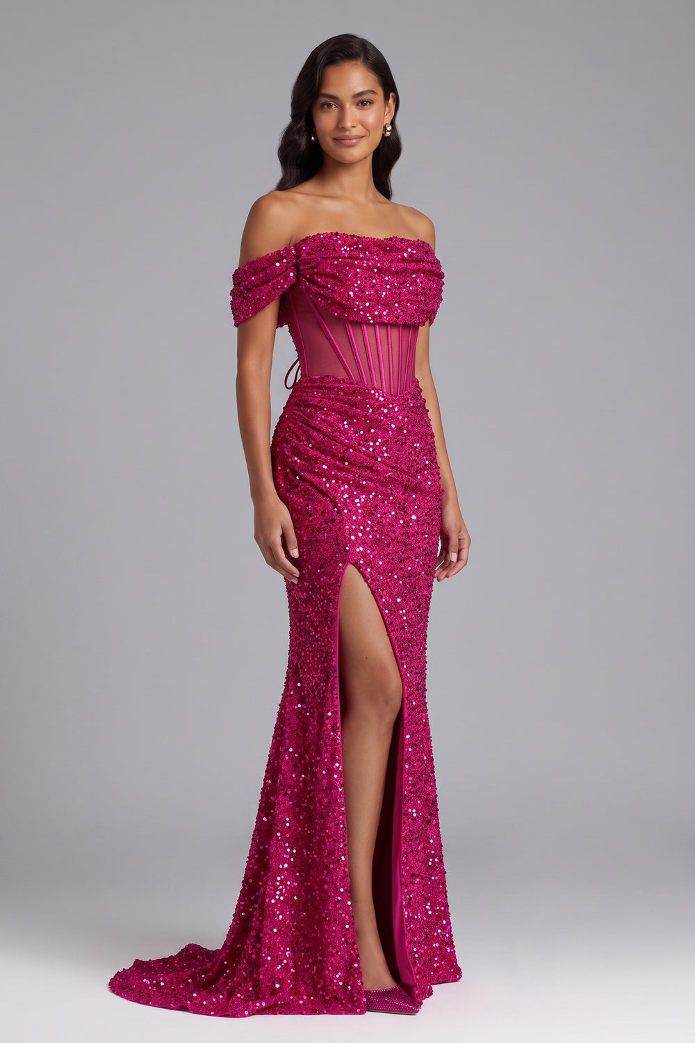 Hot Pink Sequin Off-the-Shoulder Mermaid Gown Premium Fabric - product view 4