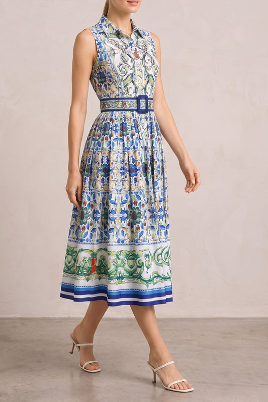 Sleeveless Collared Tile Print Belted A-Line Midi Dress