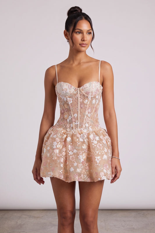 peach tulle fit-and-flare dress peach, nude tulle dress - product view 2