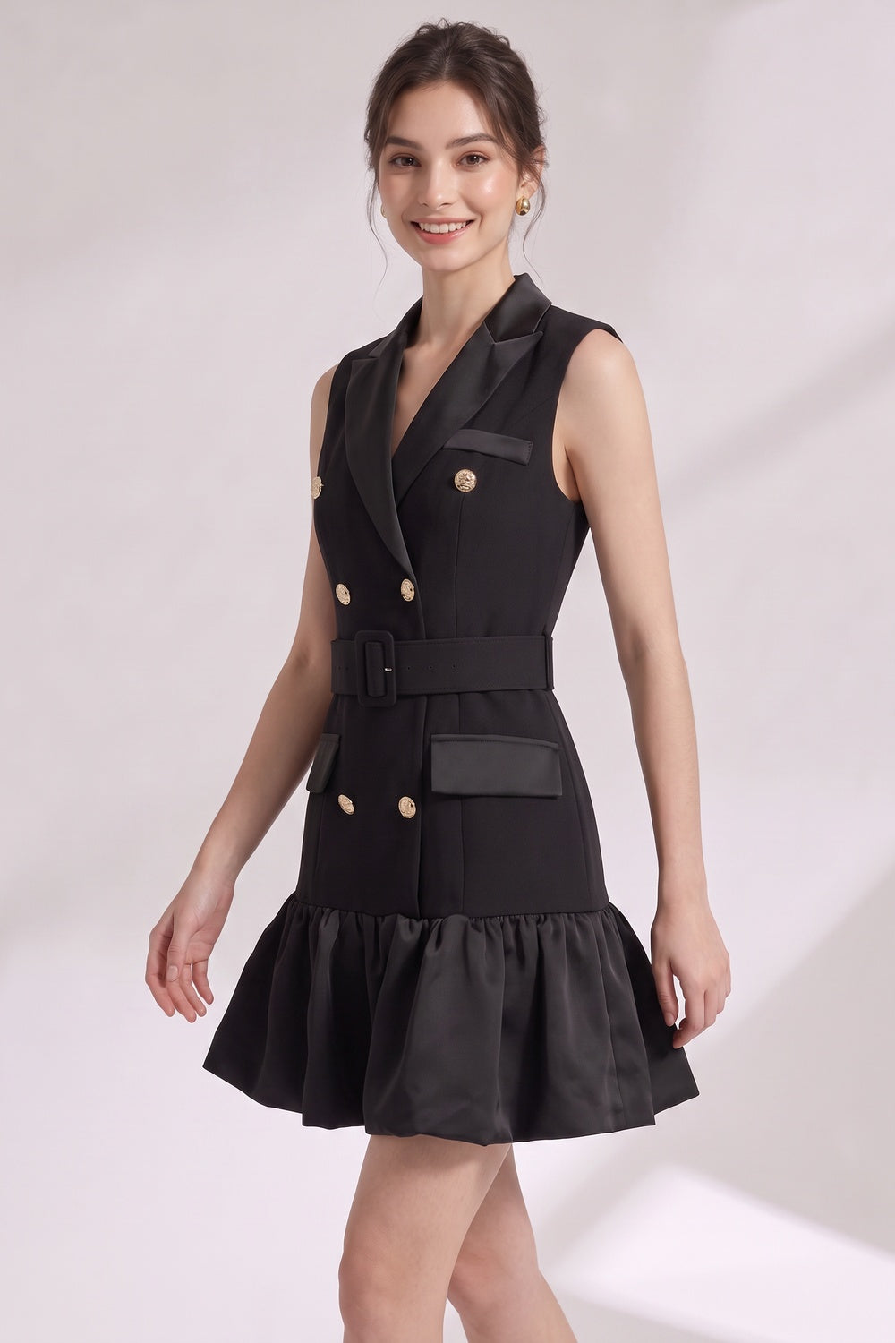 Black Matte Suiting Crepe Tailored Bodice with Flared Ruffled Hem Blazer Dress black matte suiting crepe blazer dress - product view 3