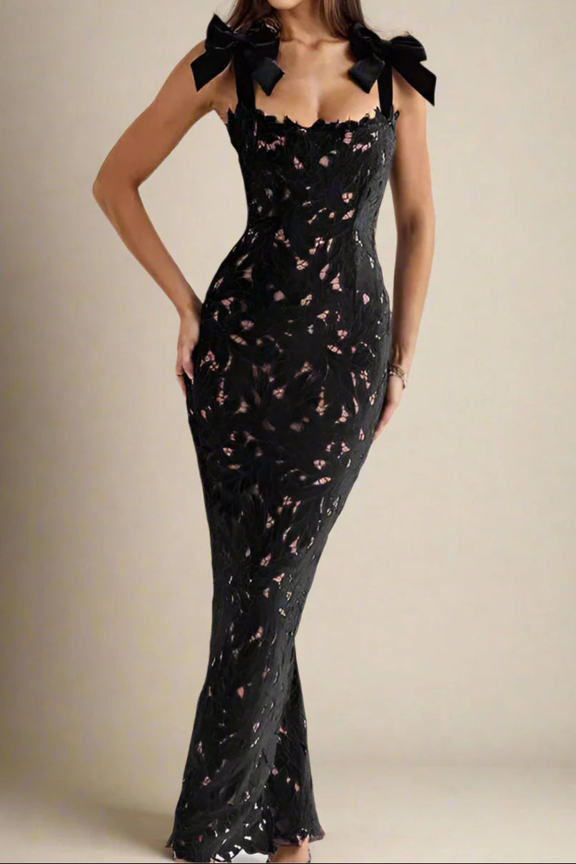 hermosa Bow Strap Embroidered Lace Maxi Dress in black