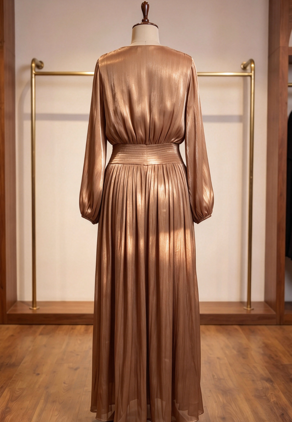 Bronze Brown Pleated Satin-Georgette Blend Maxi Dress