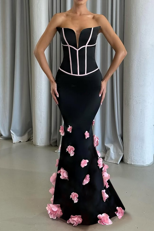 Floral embellished Strapless Maxi Dress in Black