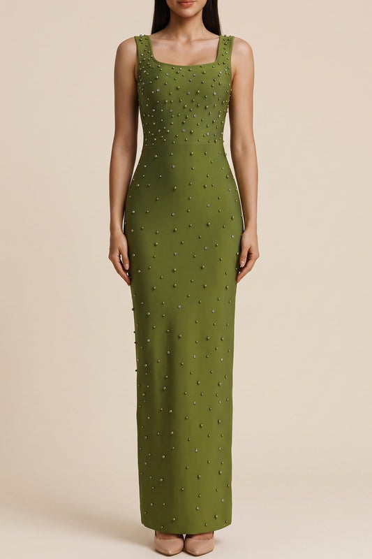 Square Neck Sleeveless Rhinestone Mermaid Maxi Dress
