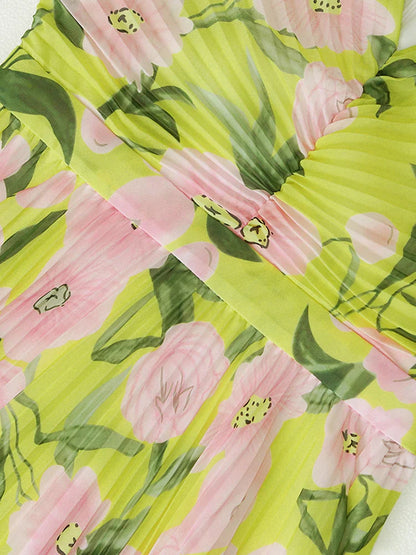 V-neck silk printed pleated maxi dress in yellow