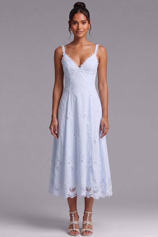 Light Blue Cotton Eyelet A-Line Midi Dress light blue cotton eyelet dress - product view 2