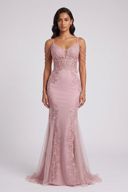 Beaded Fringe Strap Lace Corset Mermaid Tulle Evening Gown