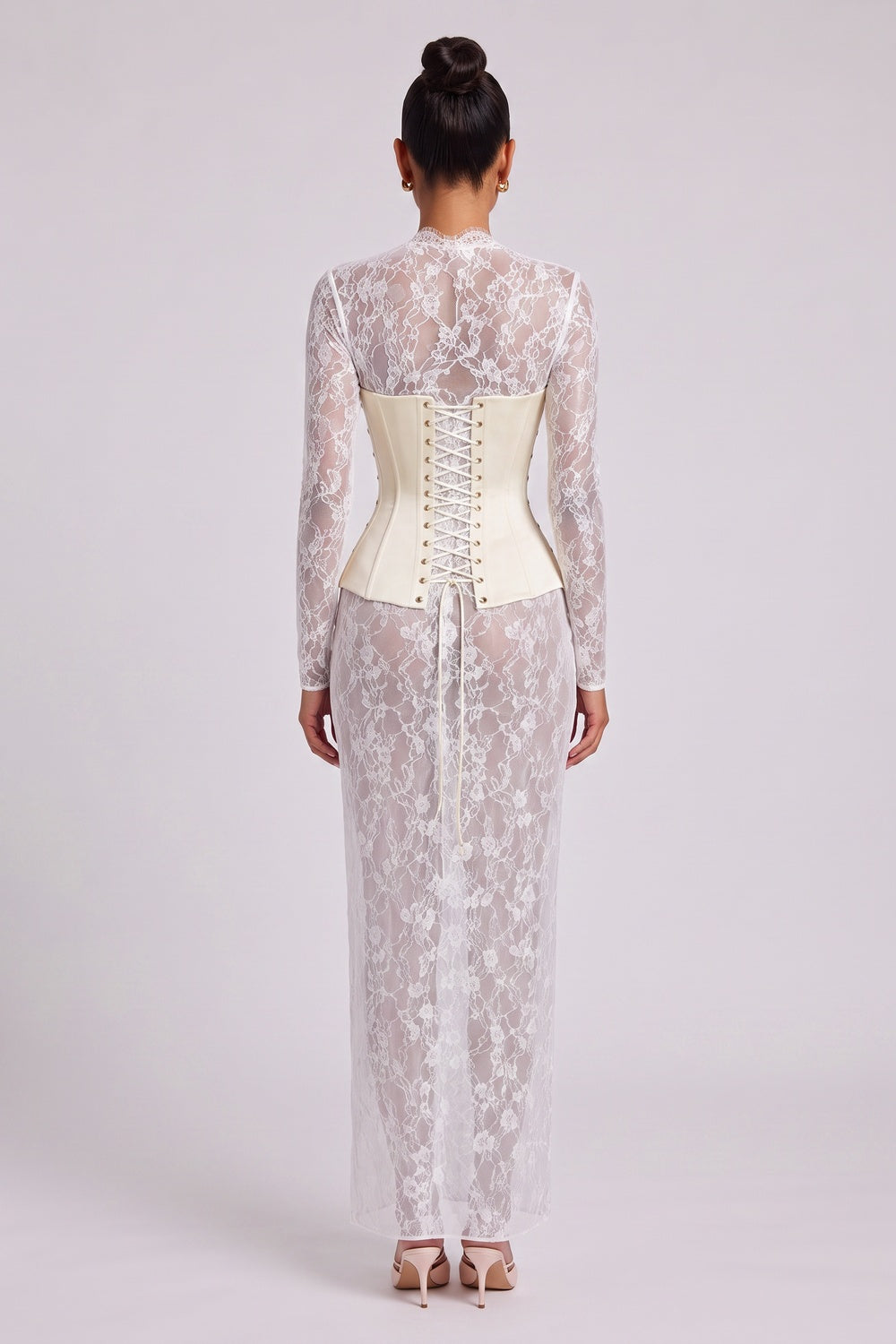 white sheer floral lace column dress with structured hourglass corset overlay layered maxi dress white sheer floral lace layered maxi dress - product view 5