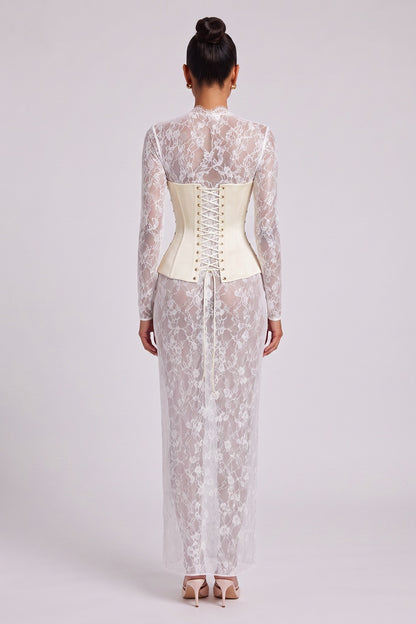 white sheer floral lace column dress with structured hourglass corset overlay layered maxi dress white sheer floral lace layered maxi dress - product view 5