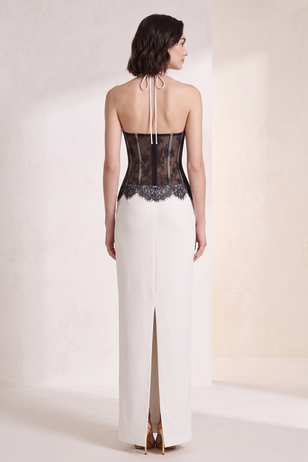 White Crepe Column Dress with Black Floral Lace Corset white crepe dress - product view 5