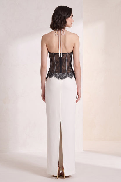 White Crepe Column Dress with Black Floral Lace Corset white crepe dress - product view 5
