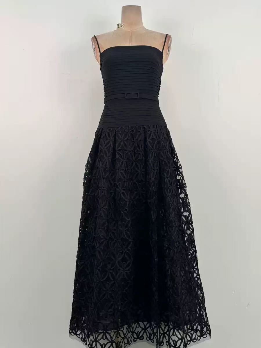 Black Spaghetti Strap Pleated Bodice Floral Cutout Lace Midi Dress