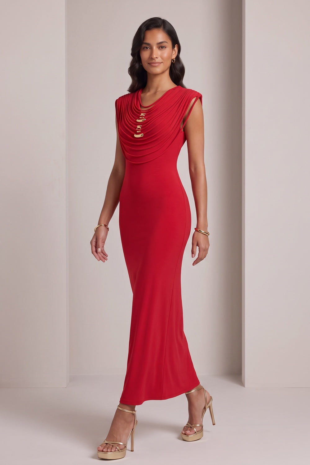 red stretch jersey or crepe fitted column dress red stretch jersey or crepe dress - product view 3