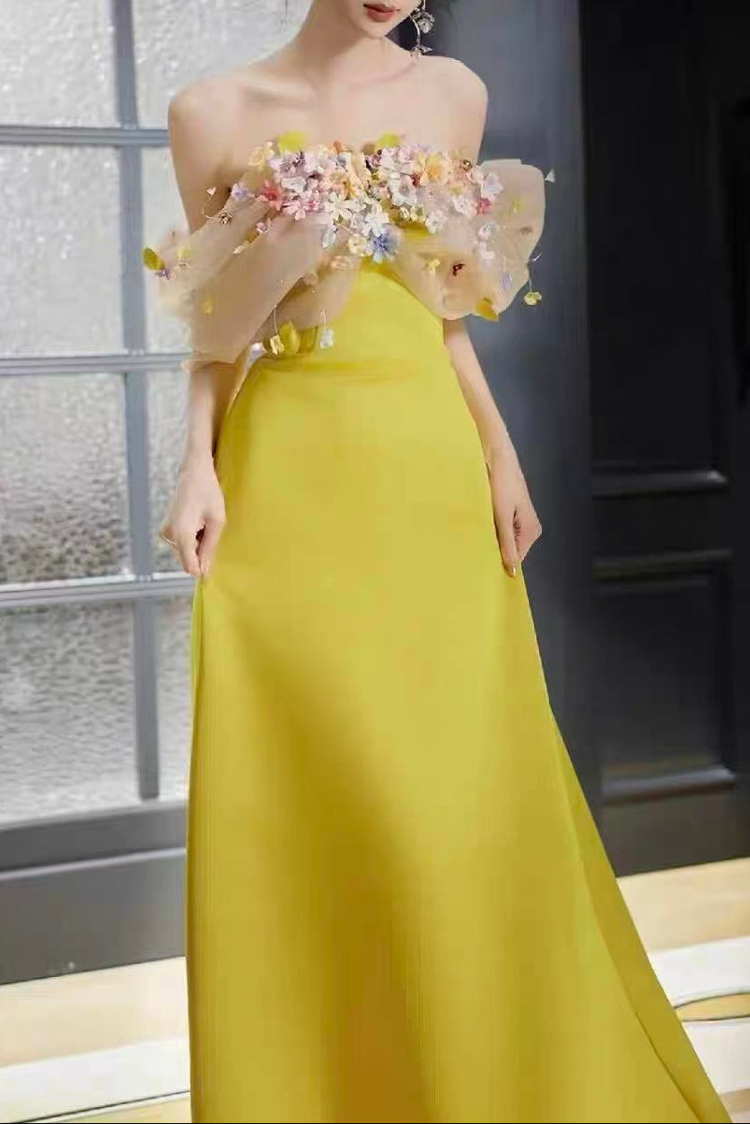 Bright Yellow Satin Strapless Maxi Gown With 3D Colorful Floral Tulle Bust