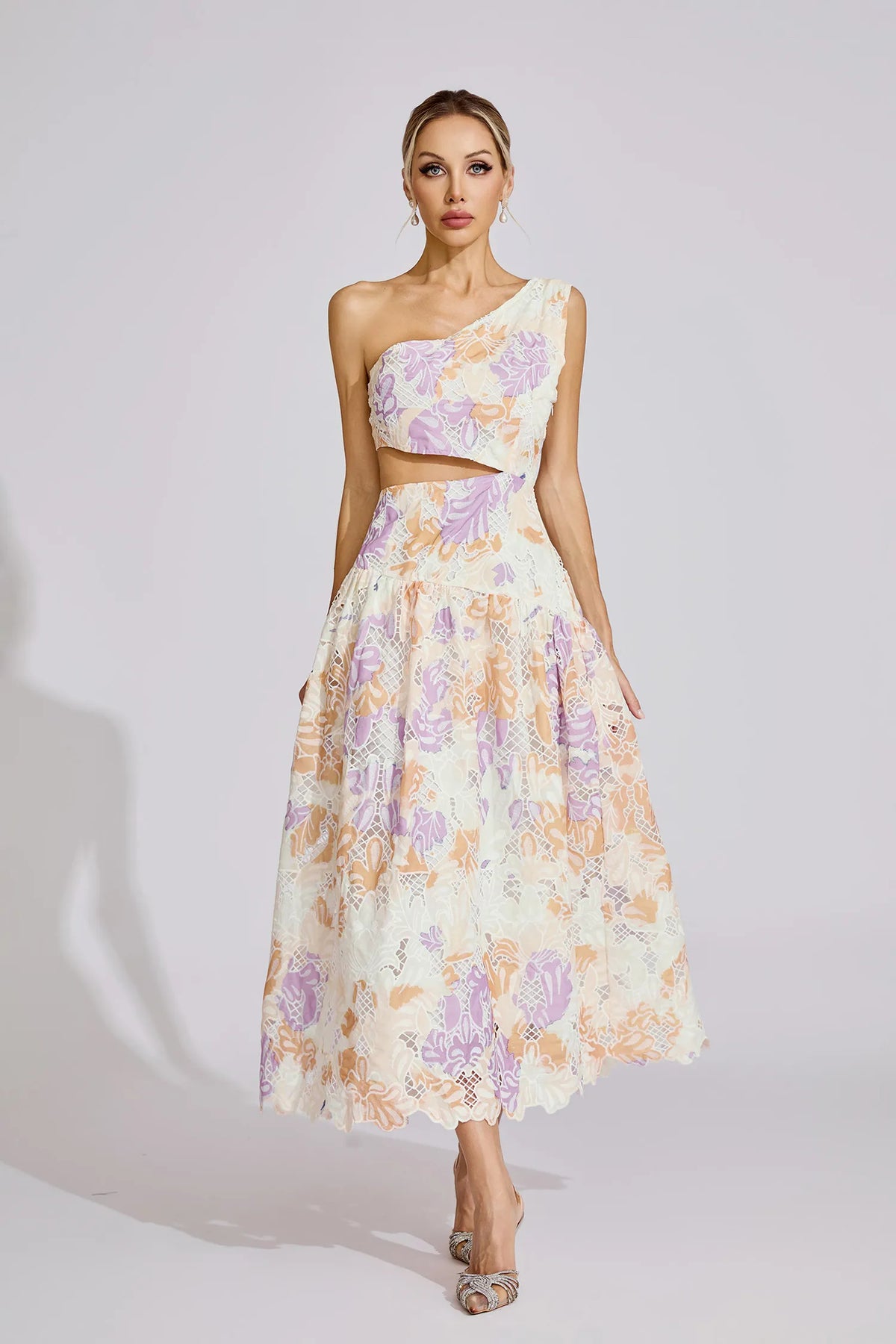 kimberley Yellow One-Shoulder floral print cutout Maxi Dress