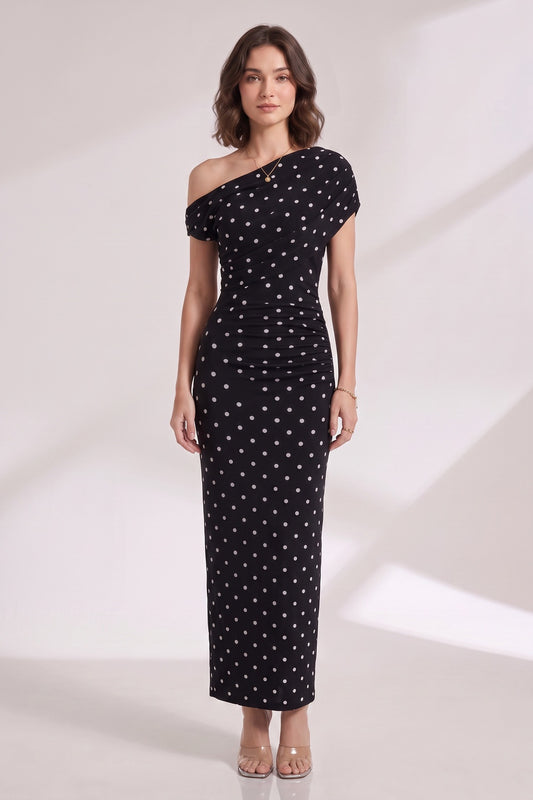 Black Polka Dot One-Shoulder Maxi Dress black stretch jersey dress - product view 4
