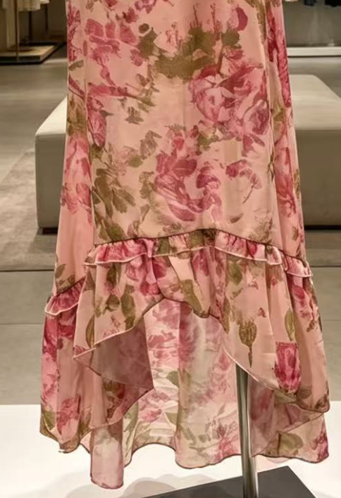 Beige Chiffon Mermaid Dress with Floral Print and Puff Sleeves