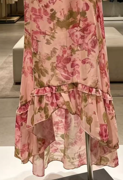 Beige Chiffon Mermaid Dress with Floral Print and Puff Sleeves