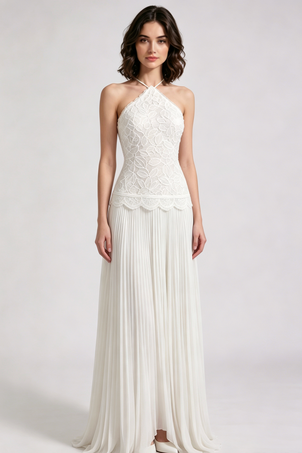 White Lace A-Line Floor-Length Dress