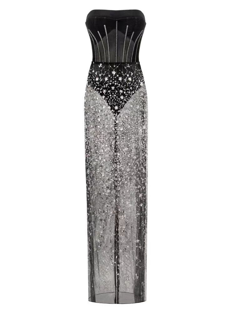 Ophélie black Strapless Corset Sheer sequined flower midi dress