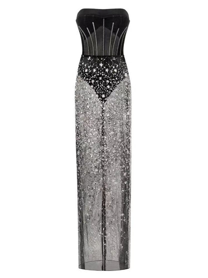 Ophélie black Strapless Corset Sheer sequined flower midi dress