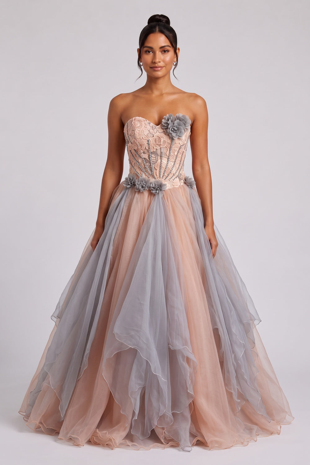 Peach Tulle Ballgown with Grey Floral Embellishments peach, dusty pink tulle ballgown - product view 1