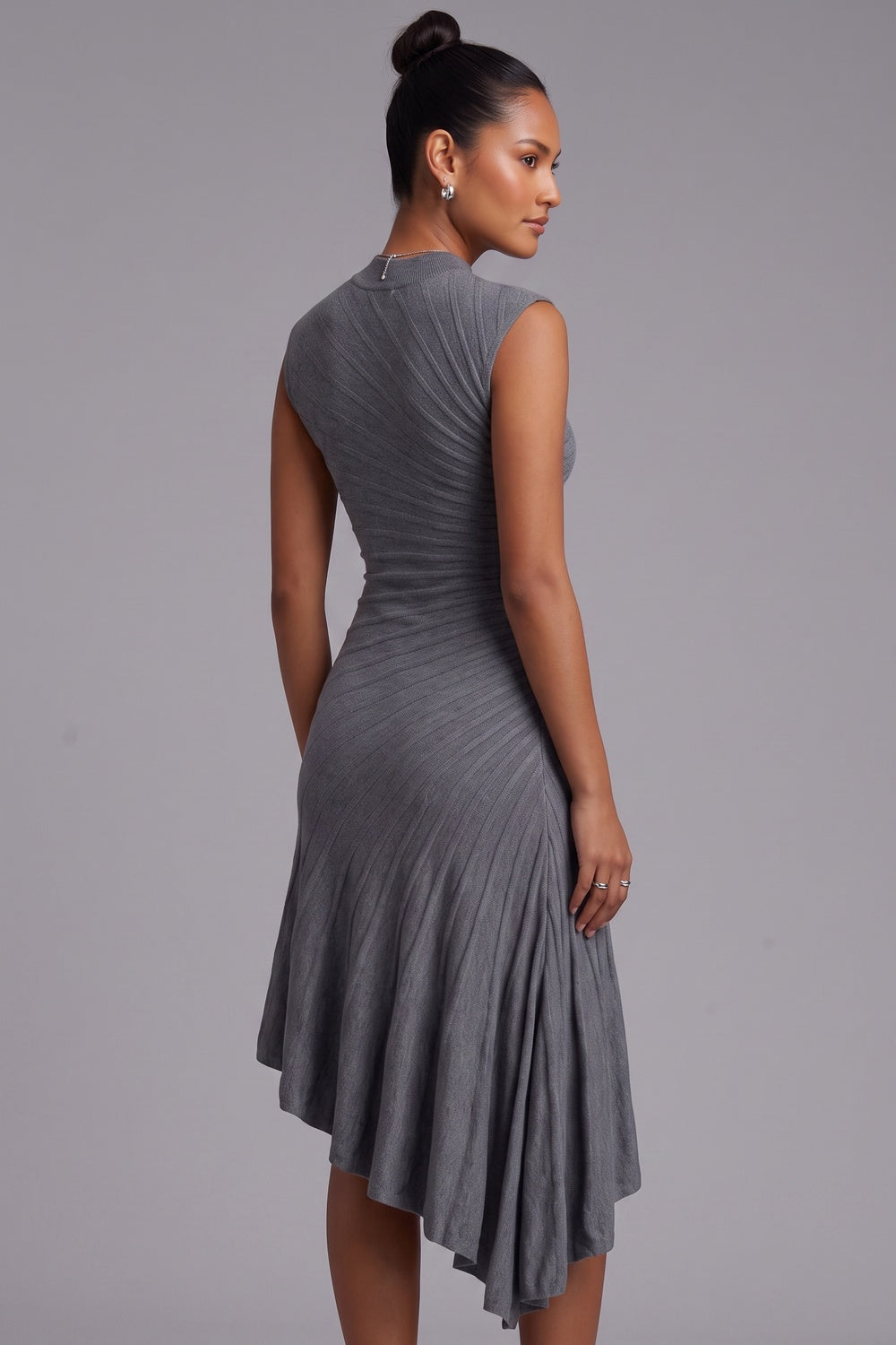 Grey Asymmetric Hem Midi Dress Premium Fabric - product view 3