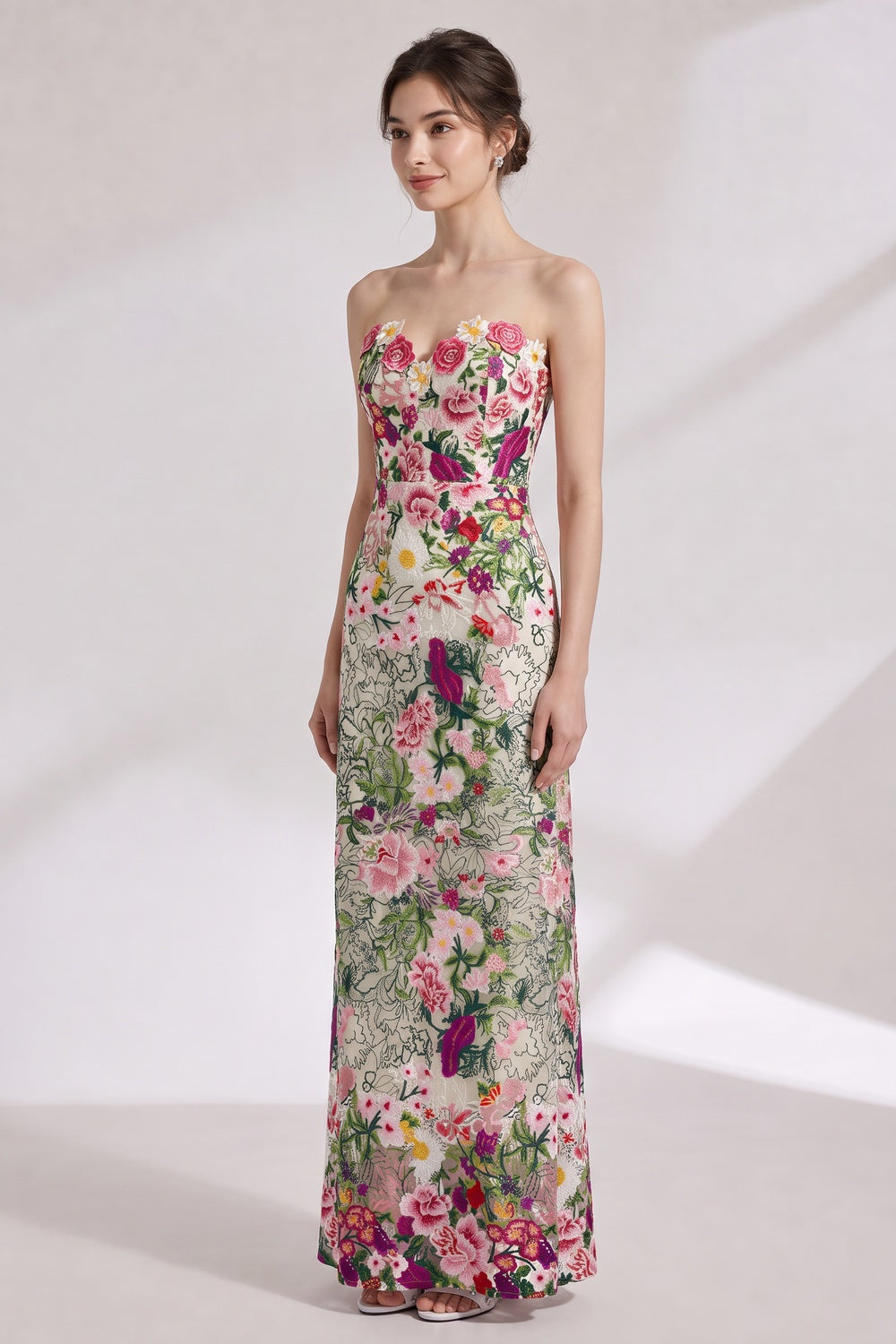 Cream Embroidered Lace Column Gown