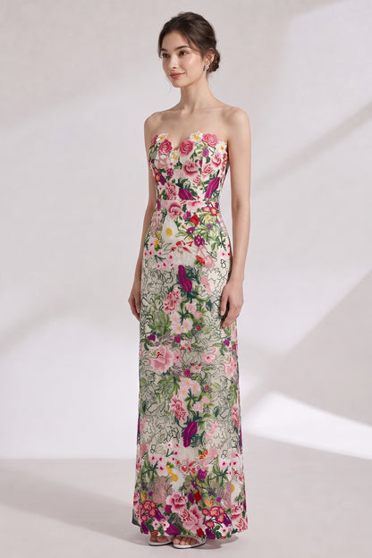 Cream Embroidered Lace Column Gown