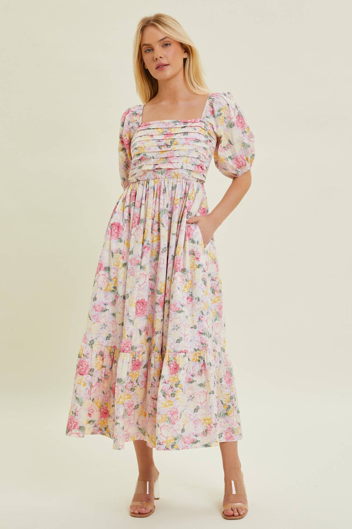 Pleated Bodice Floral Midi Dress