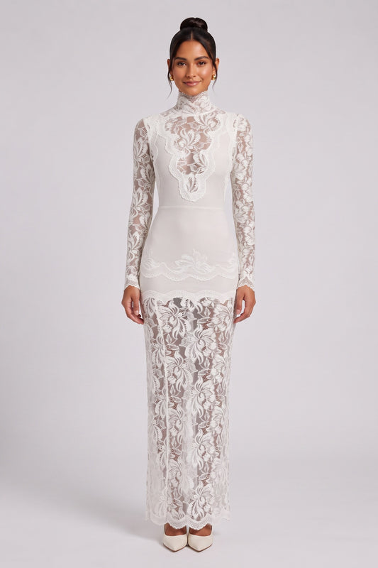 Off-White Floral Lace Sheath Gown off-white floral lace gown - product view 1