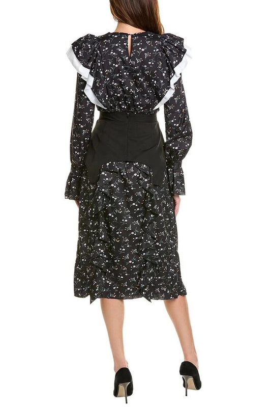 sebastiane floral print Ruffle Trim Midi Dress in black
