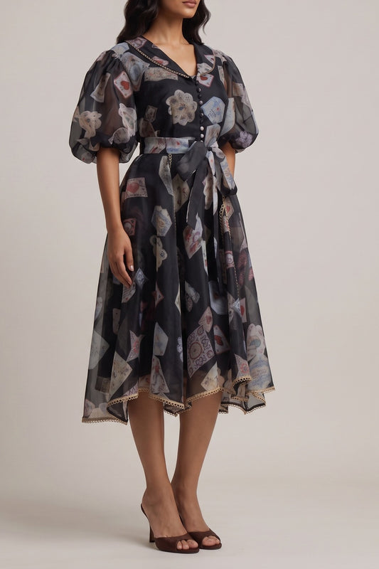 V-Neck Balloon Sleeve Playing Card Print Belted Midi Dress