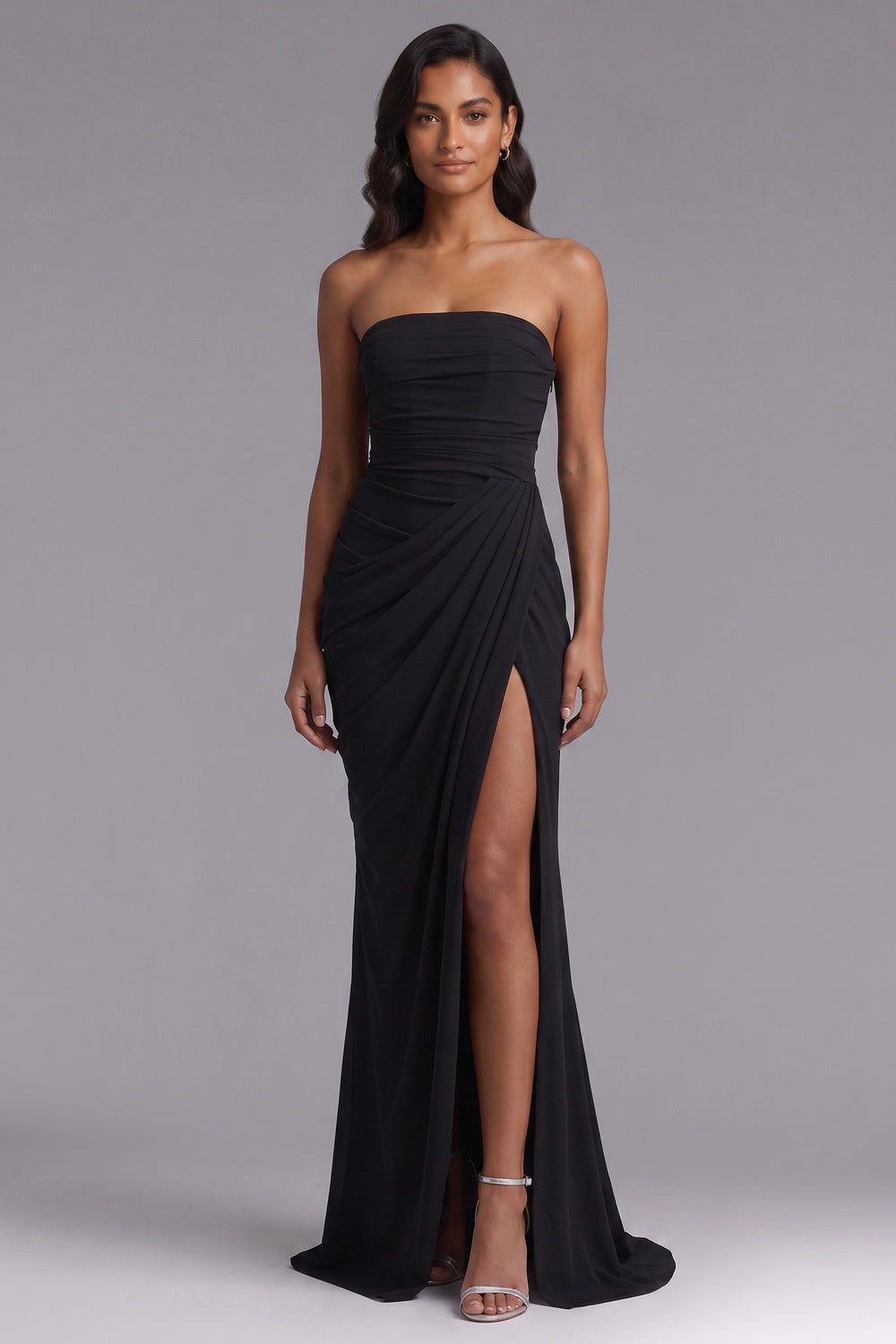 black crepe column with asymmetrical drape evening gown black crepe evening gown - product view 3