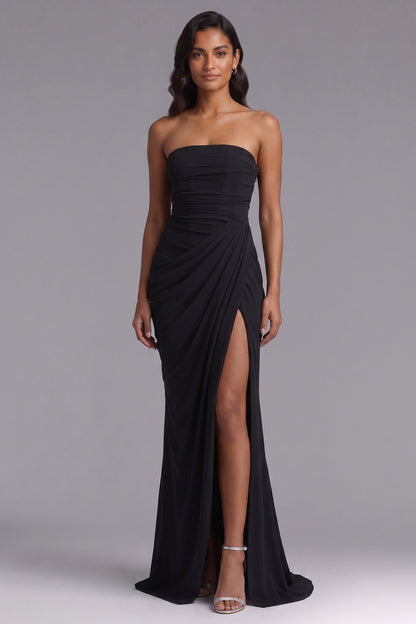 black crepe column with asymmetrical drape evening gown black crepe evening gown - product view 3