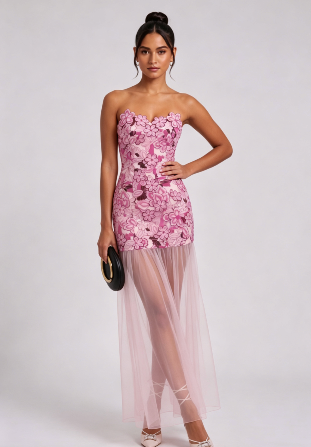 dusty pink embroidered floral lace fitted column mini with sheer maxi overlay dress