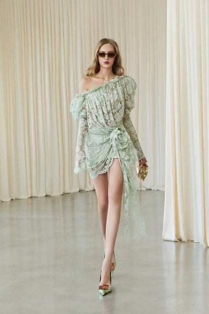 joanna 3d flower Lace hollow Asymmetrical mini Dress in green